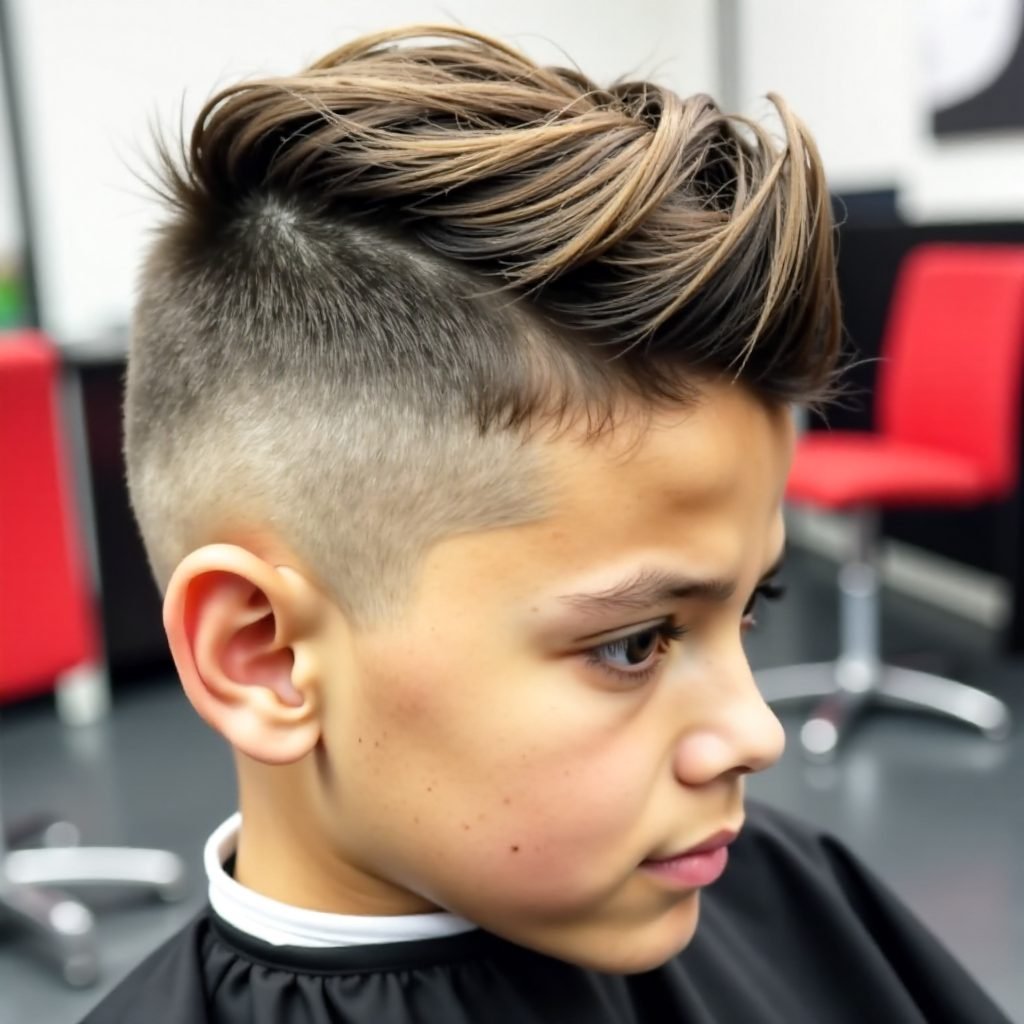 long top mohawk with faded sides and shaved part