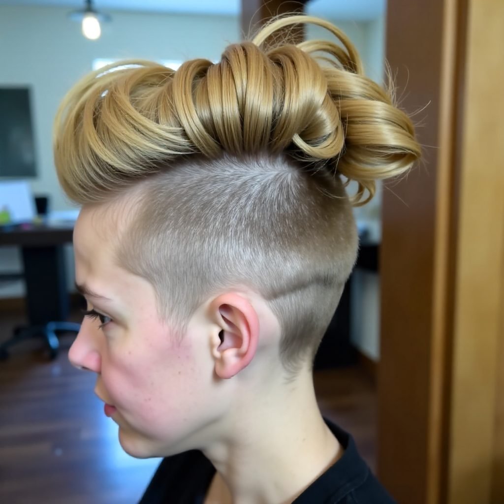 women's blonde curly mohawk with undercut