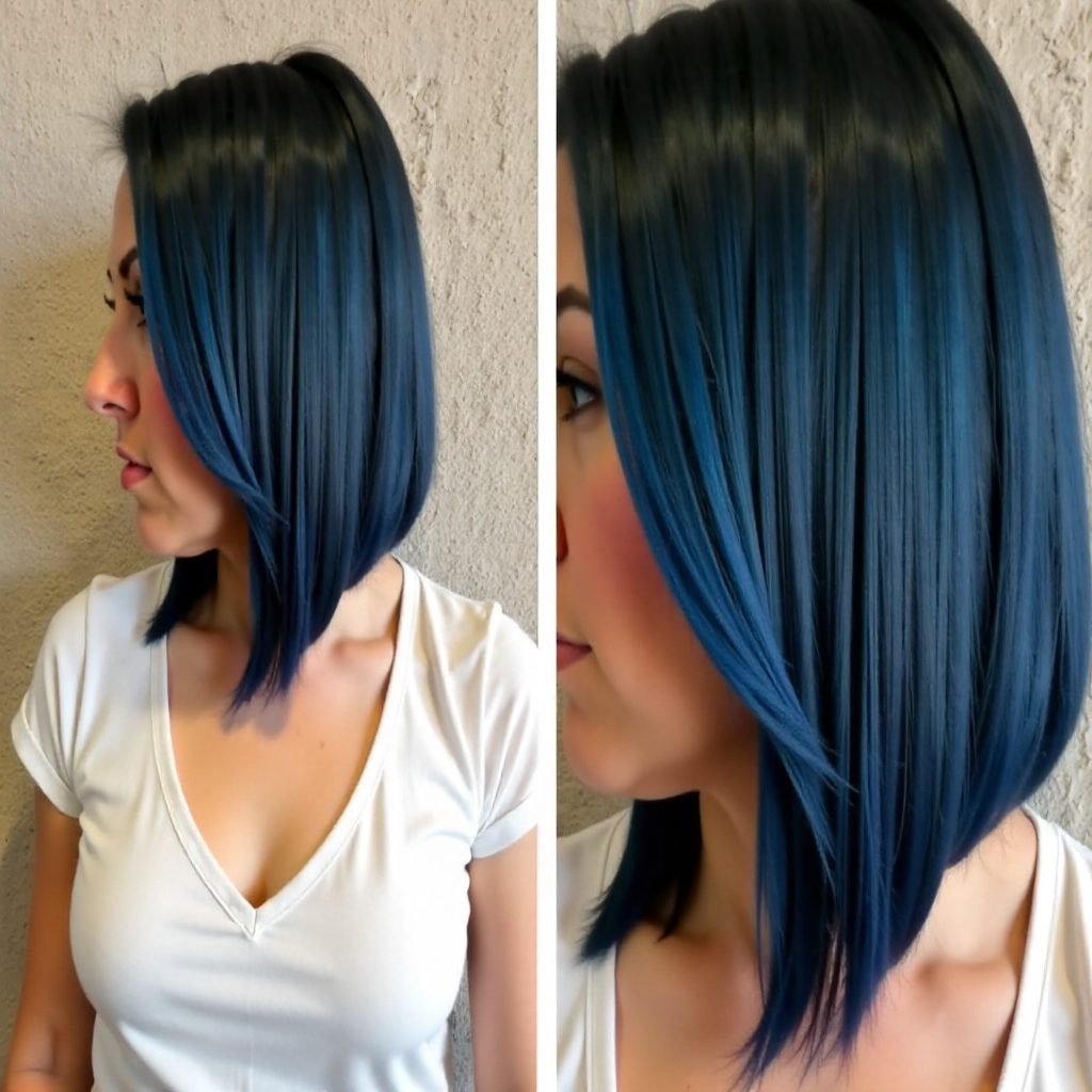 black lob hairstyle with bright blue balayage