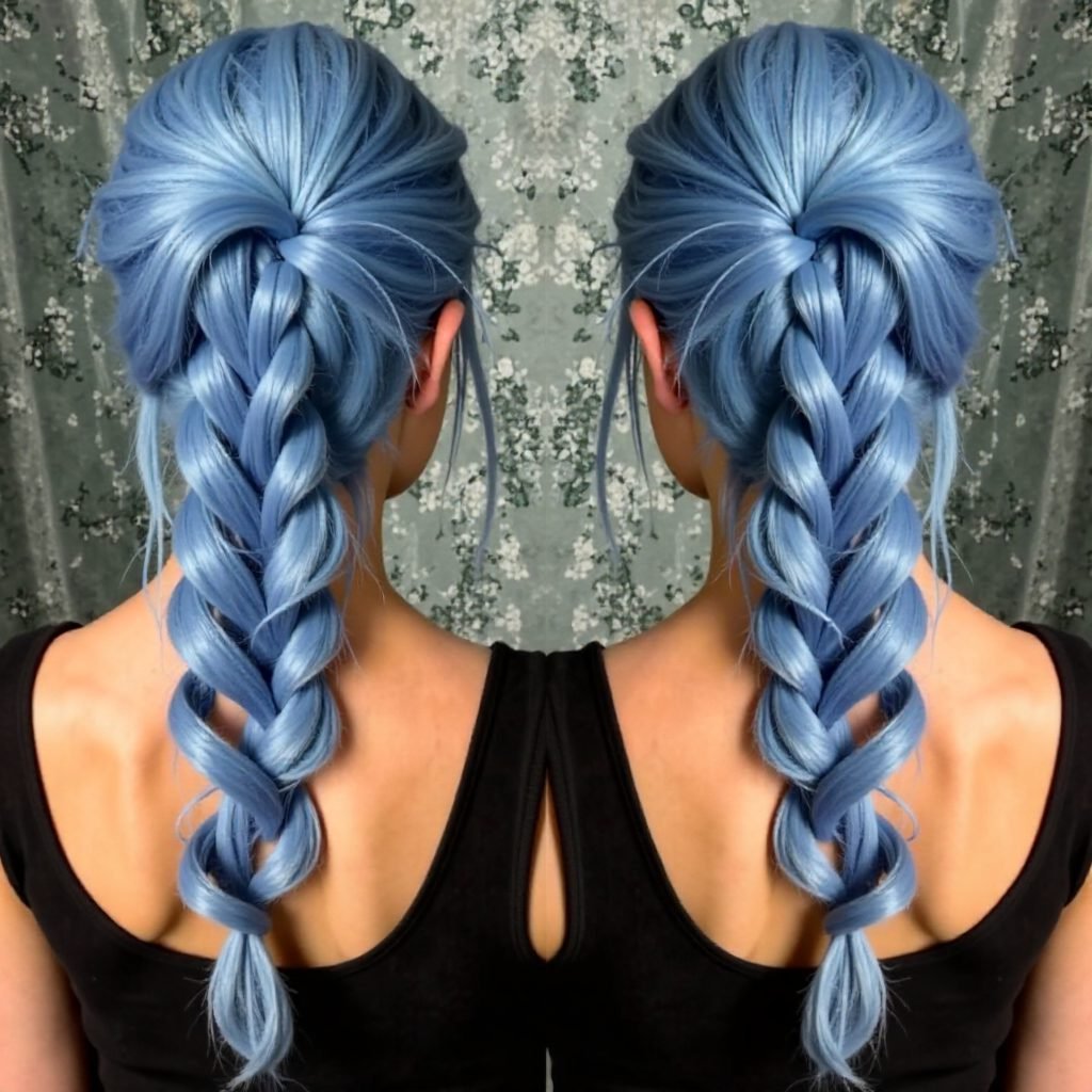 pastel blue hair with purple highlights