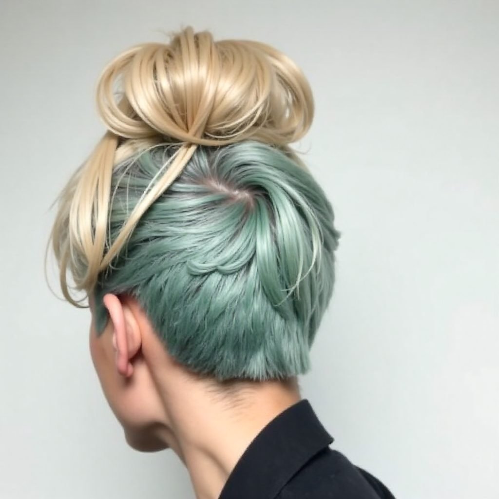 turquoise and pastel pink top knot updo