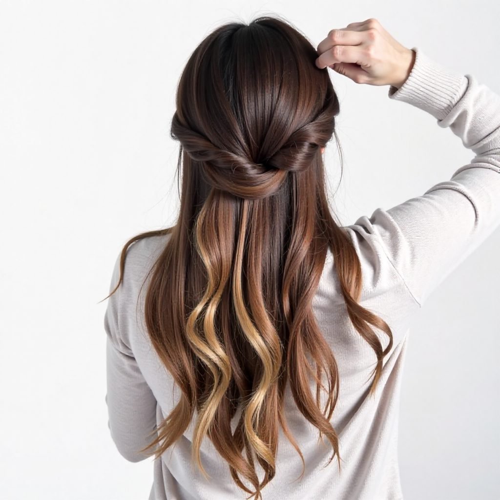 Wavy Half Updo With Twisted Crown