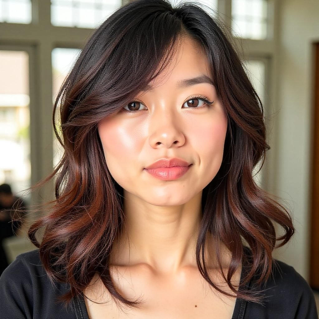 Layers and Curtain Bangs for Round Faces