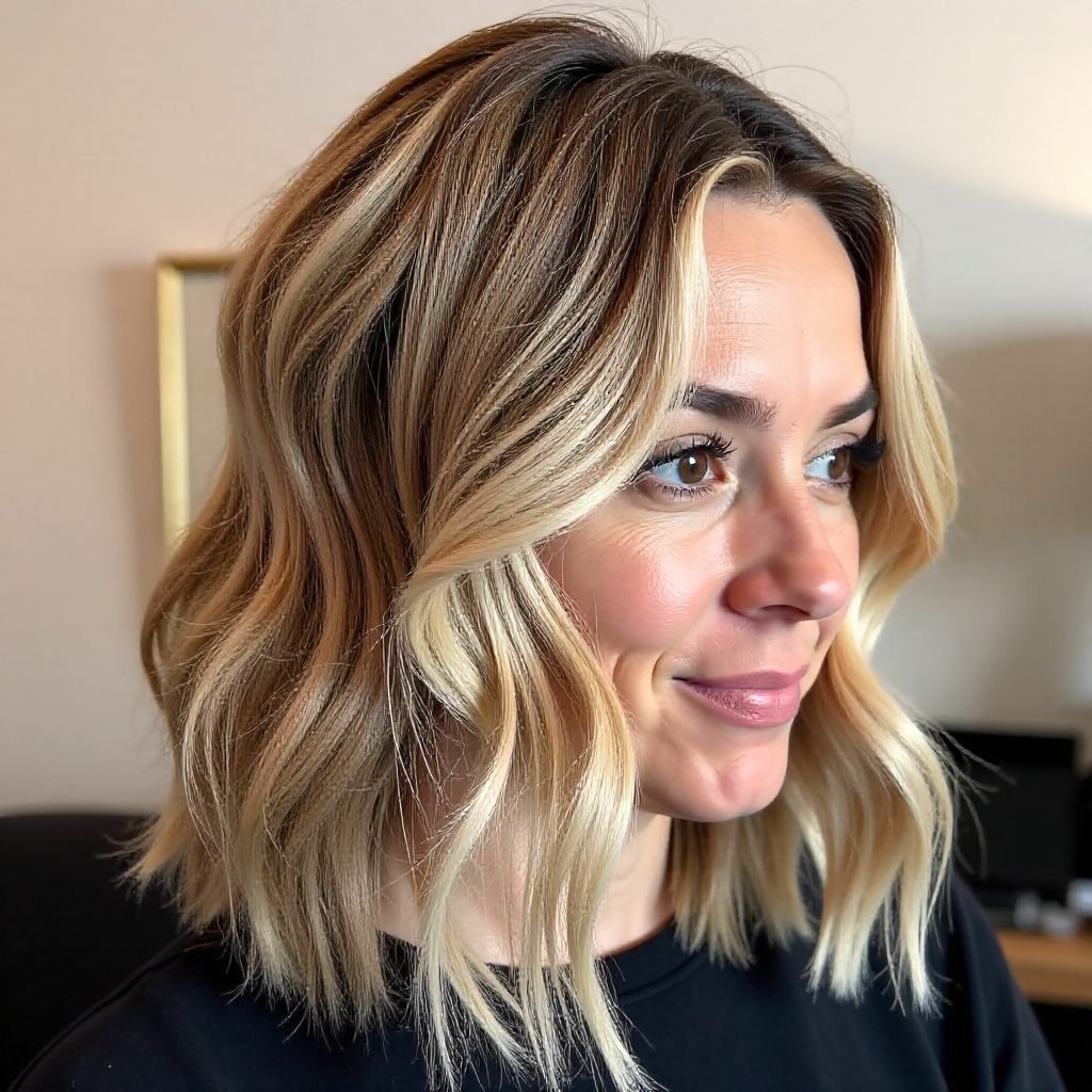 Medium Length Haircut in Buttercream Blonde