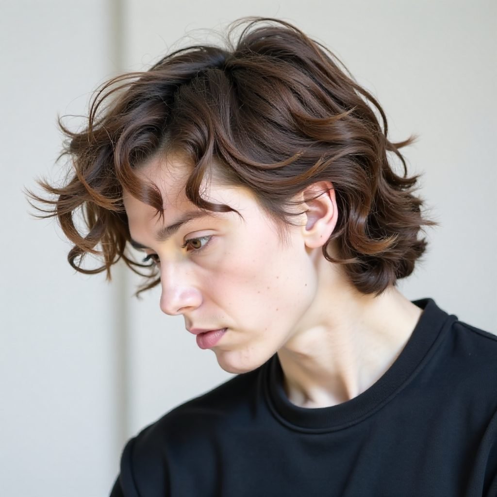 Tapered Curly Mullet with Long Fringe