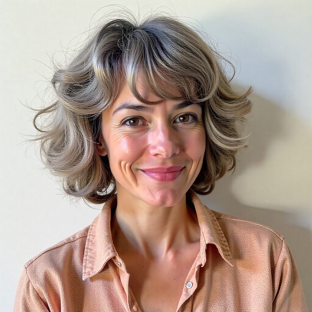 Voluminous Gray Bob with Curly Bangs